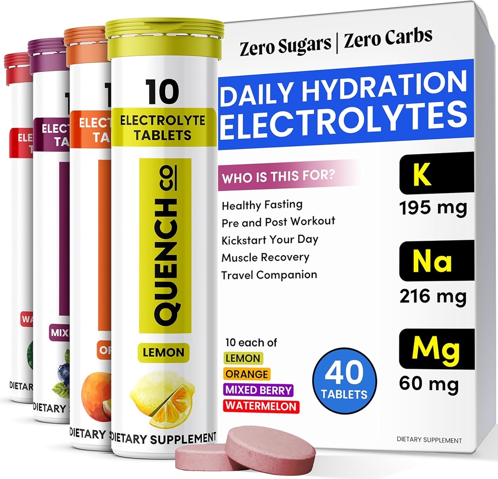 Quench Electrolyte Tablets 40 Count Instant Hydration, Electrolytes, Fasting Electrolytes No Sugar for Optimal Hydration Support Not Powder - Watermelon, Orange, Mixed Berry, Lemon Flavors