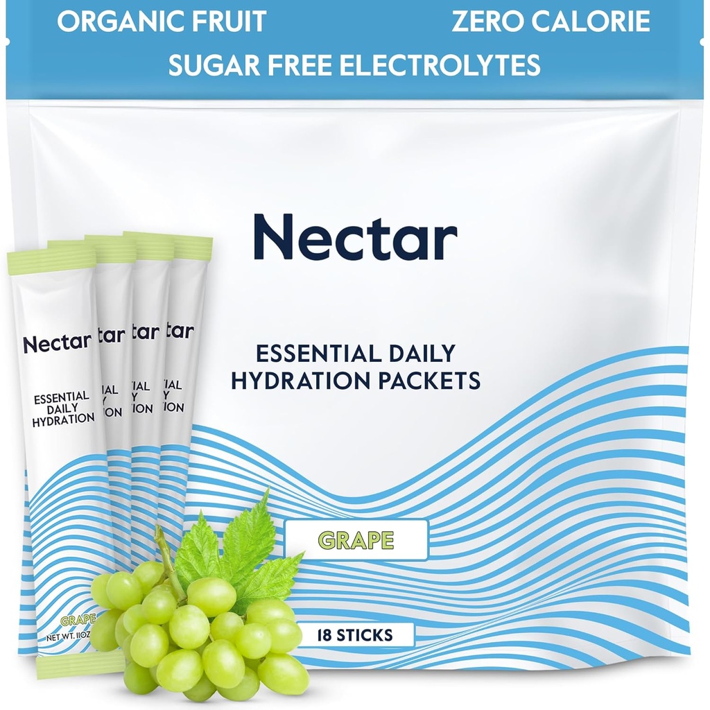 Paquets d'hydratation Nectar - Paquets de poudre d'électrolytes - Sans sucre & 0 Calorie - Bâtons d'hydrates liquides de fruits biologiques pour déshydratation et réhydratation rapide (paquet 18)