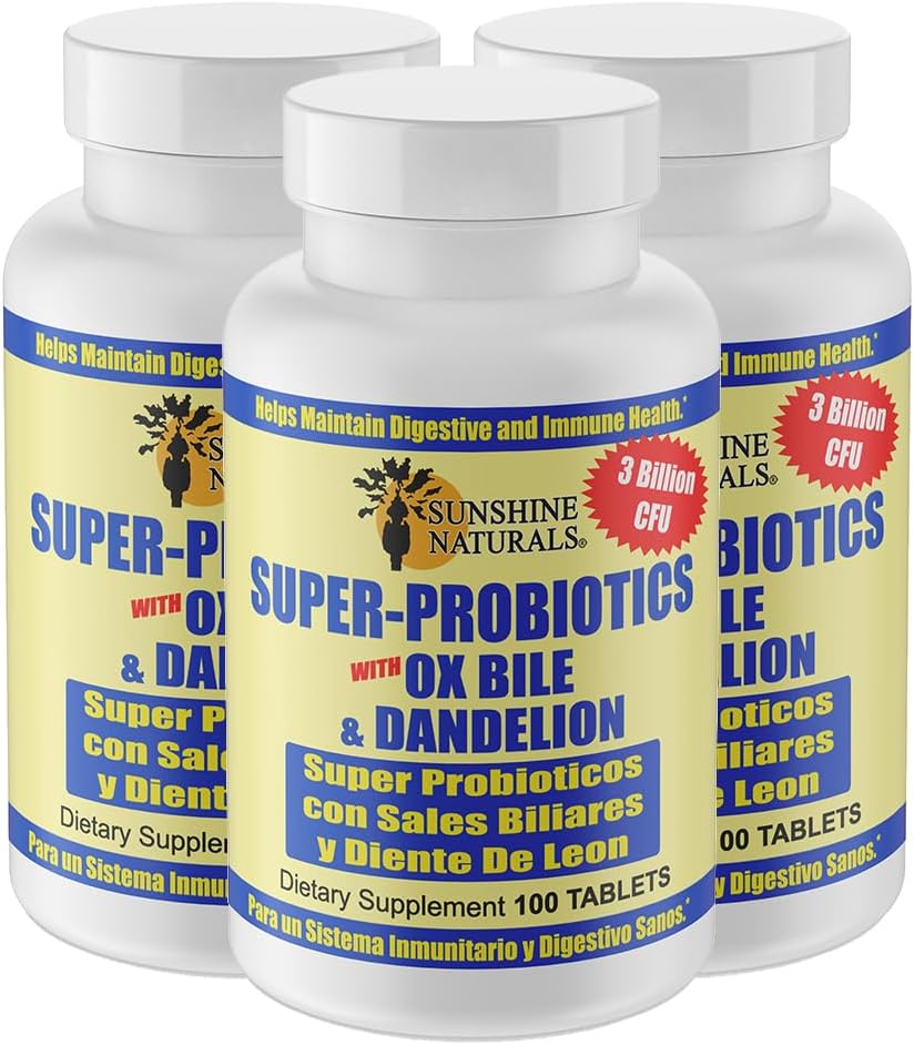 Sunshine Naturals Super Probiotiques Supplément. Améliore la digestion, Gut Health, Immune System Support et Healthy Bowel Function. Favorise la flore saine et l'équilibre. 100 gélules. Boîte de 3