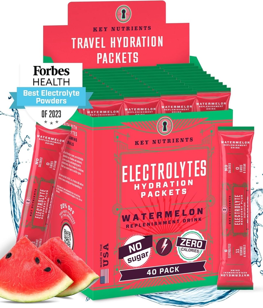 CLÉS NUTRIENTS Électrolytes Powder Packets - Rafraîchissant pastèque 40 Packs d'hydratation - Poudre d'hydratation de voyage - Fabriqué aux États-Unis - Pas de sucre, pas de calories, sans gluten