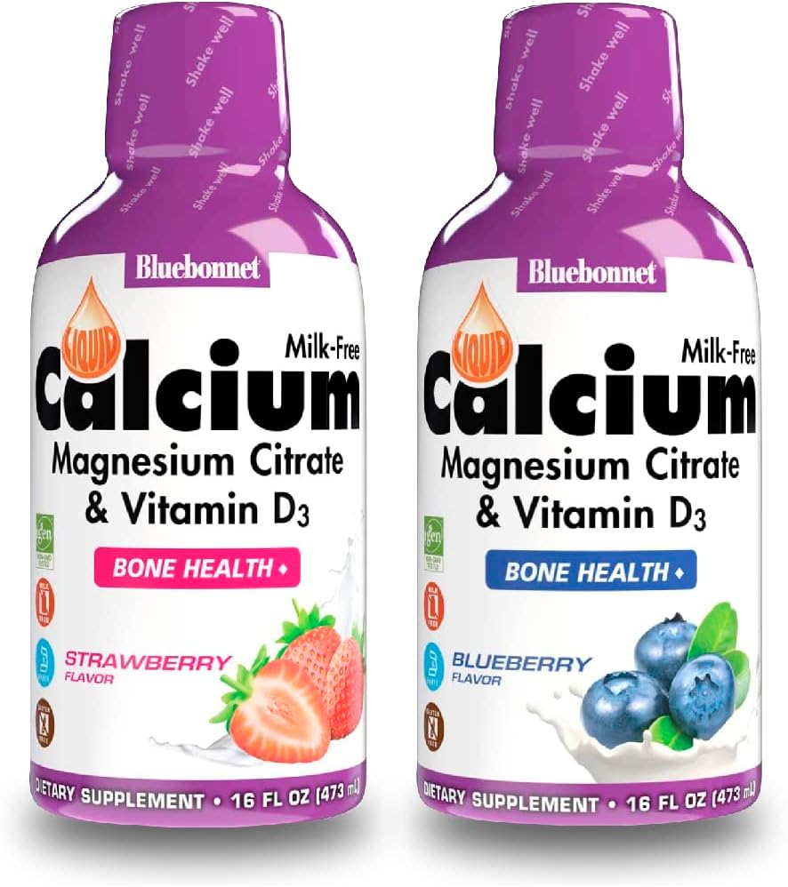 Bluebonnet Nutrition Citrate de calcium liquide Citrate de magnésium, vitamine D3- Ensemble d'arômes de bleuets et de fraises, 2 bouteille de 16 fl Oz chacune (32 Fl Oz Total)