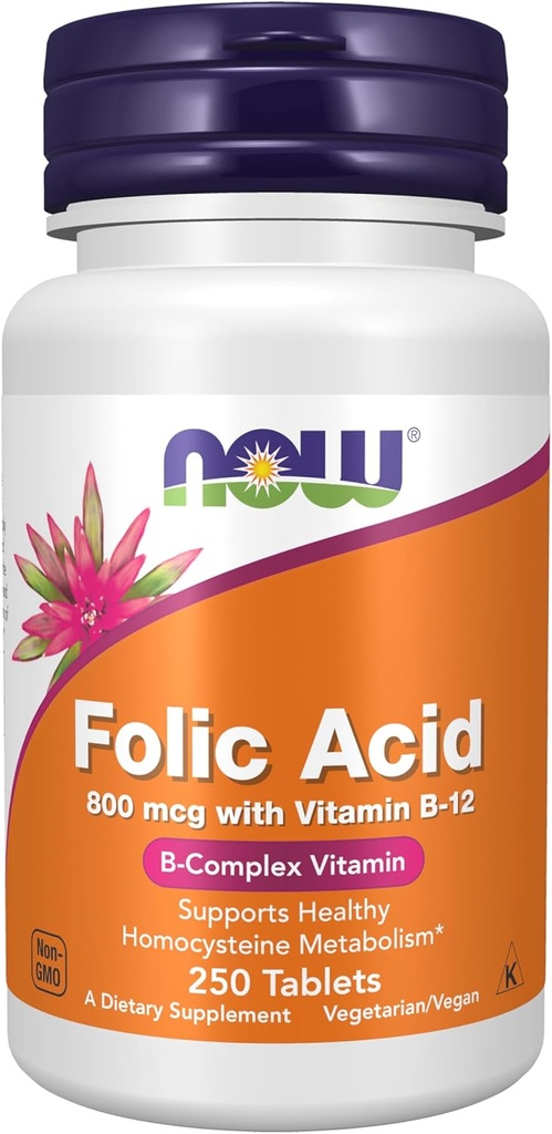 Acide folique 800 mcg avec vitamine B-12 250 comprimés
