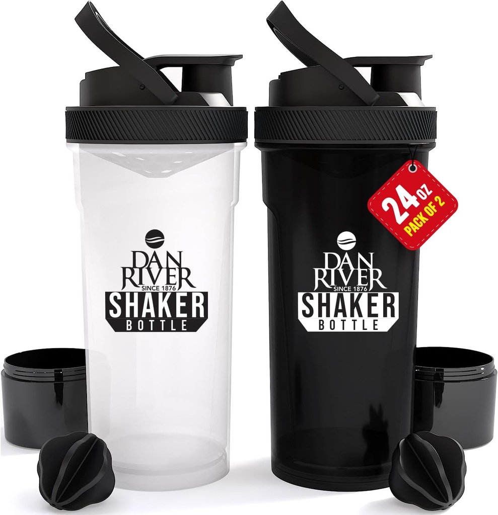 DAN RIVER 2-Pack Bouteille de Shaker de 24 oz en plastique Protein Shaker & Mixer de Twist & Lock Design for Smoothies & Protein Mixes de Durable, fuite-proof, facile à nettoyer