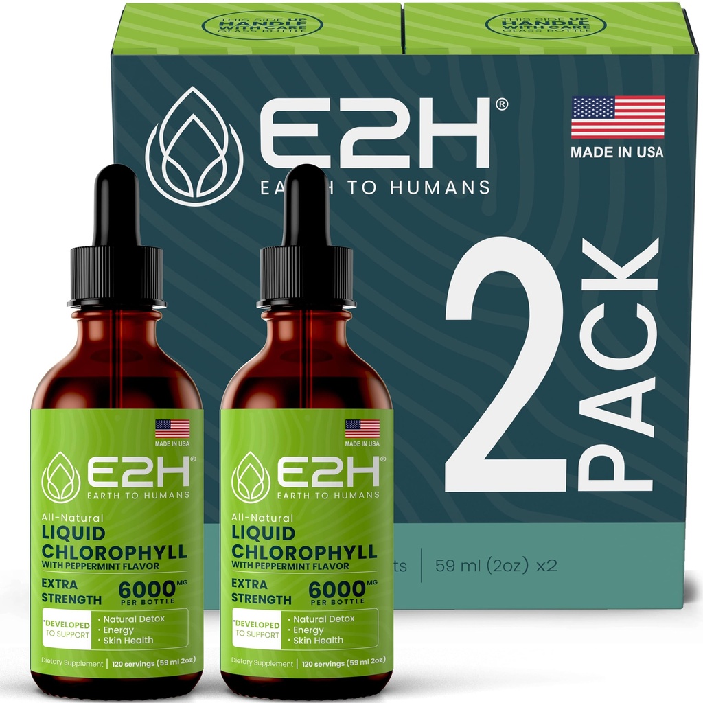 Gouttes liquides de chlorophylle E2H - Booster d'énergie naturelle, support du système immunitaire et désodorisant interne - Arôme de menthe poivrée - (2 bouteilles)