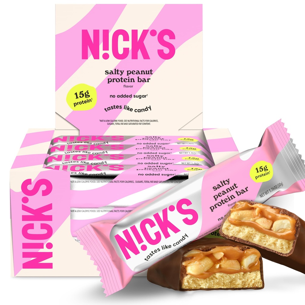 N!CK'S Protein Bars Salty Peanut Chocolate – 12-Count Box | 15g protein | 200 calories | Protein-Packed Snack, Low Calories, Low Carbs, Keto Friendly, No Added Sugar