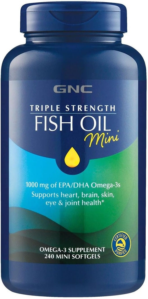 GNC Triple Strength Fish Oil Mini Omega 3 Supplément, 1000mg EPA et DHA, soutient le cœur, le cerveau, la peau, les yeux et la santé articulaire, 240 Mini Softgels