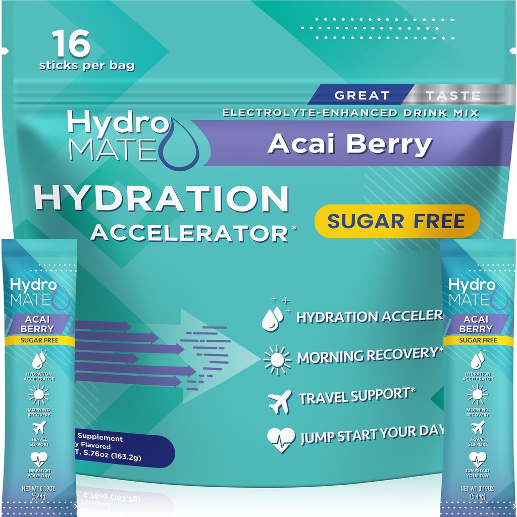 Poudre d'électrolyte Packs d'hydratation sans sucre Acai Berry HydroMATE 16 bâtons