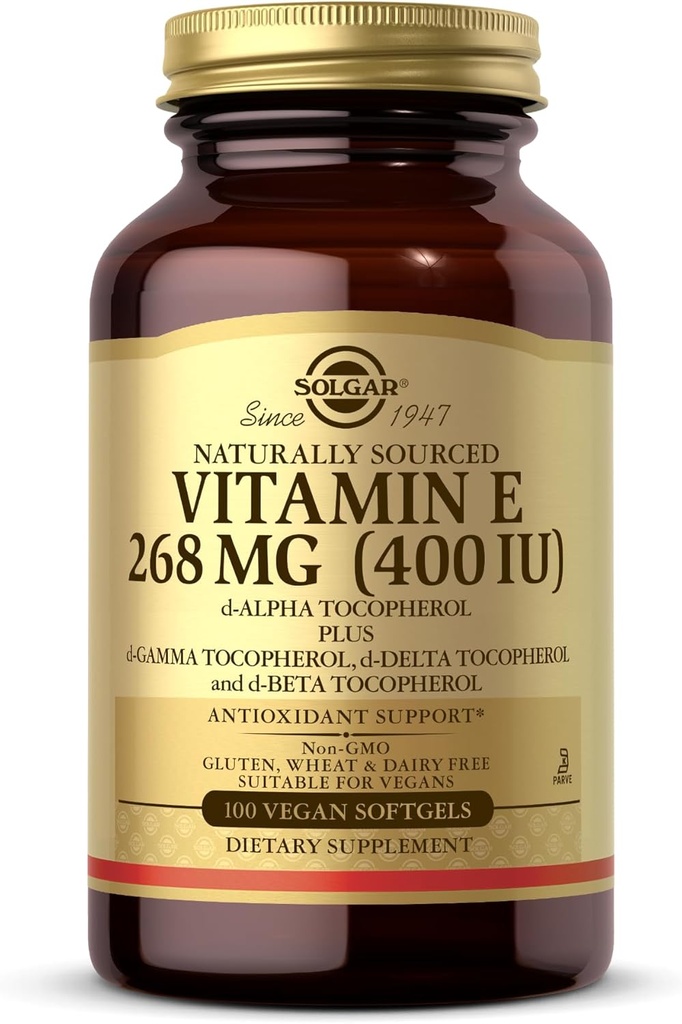 Solgar Vitamine E 268 mg (400 UI) - 100 softgels végétaliens - Source naturelle - Non-OGM, sans gluten - 100 portions