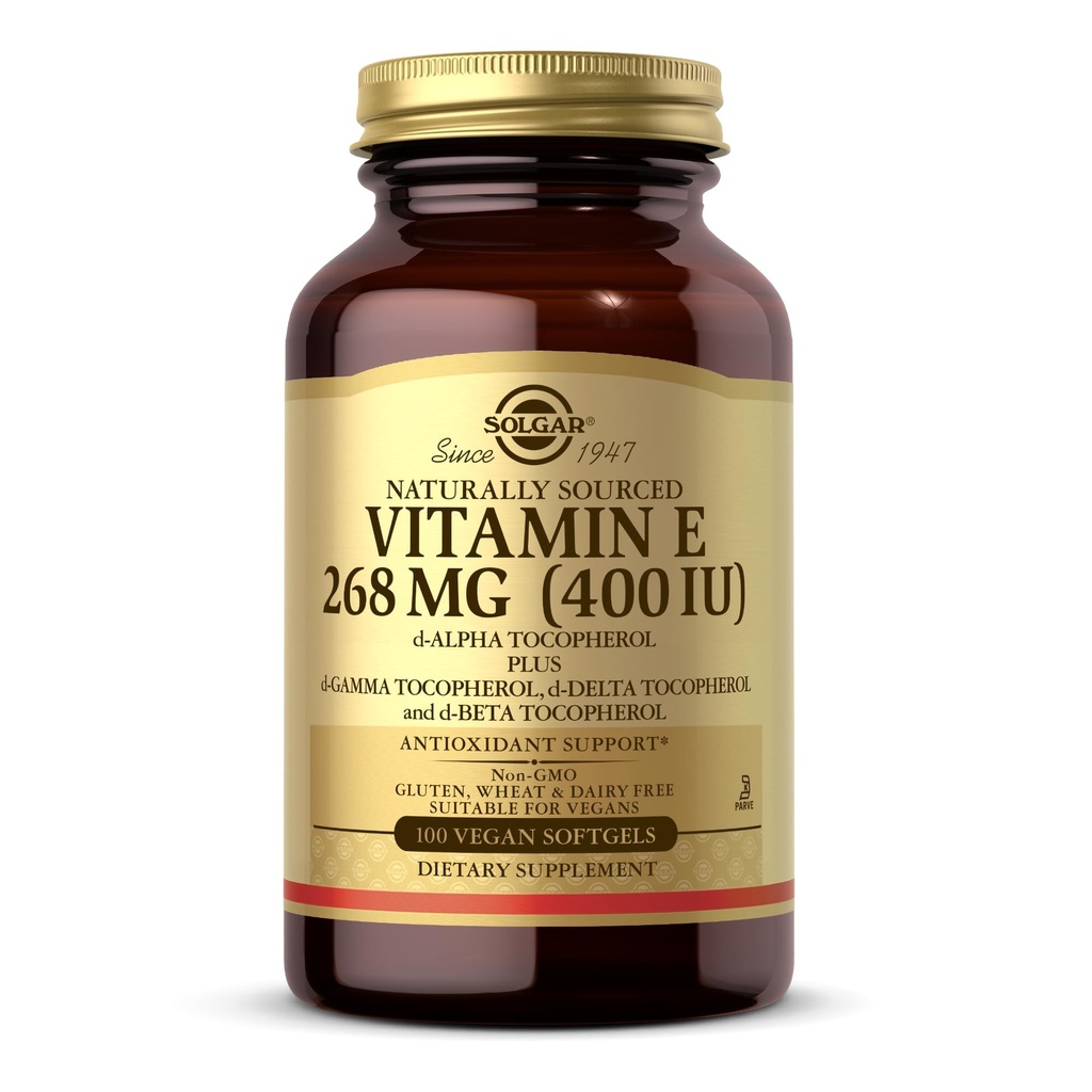 Solgar Vitamine E 268 mg (400 UI) - 100 softgels végétaliens - Source naturelle - Non-OGM, sans gluten - 100 portions