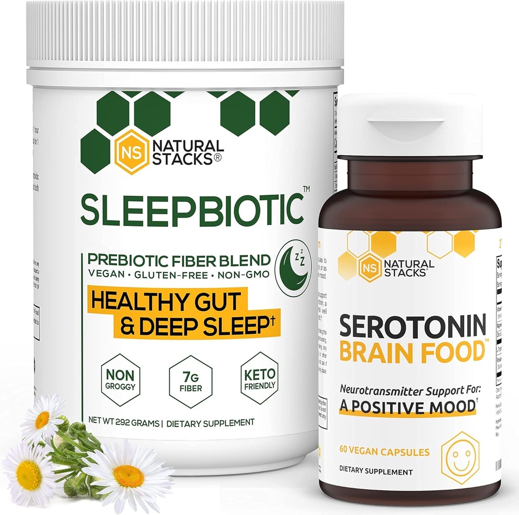 Suppléments de piles naturelles - SleepBiotic Prebiotic Fibre (292g) + Supplément de sérotonine (60caps) - pour la stimulation de l'humeur et de l'énergie, la santé mentale, la santé git et mieux dormir