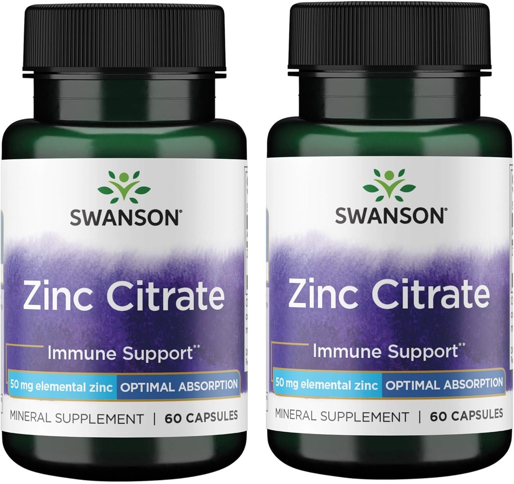 Citrate de zinc de Swanson - Supplément minéral favorisant la santé de la vision et du système immunitaire - Formule naturelle appuyant le bien-être général - (60 capsules, 50 mg chacune) (2 paquets)