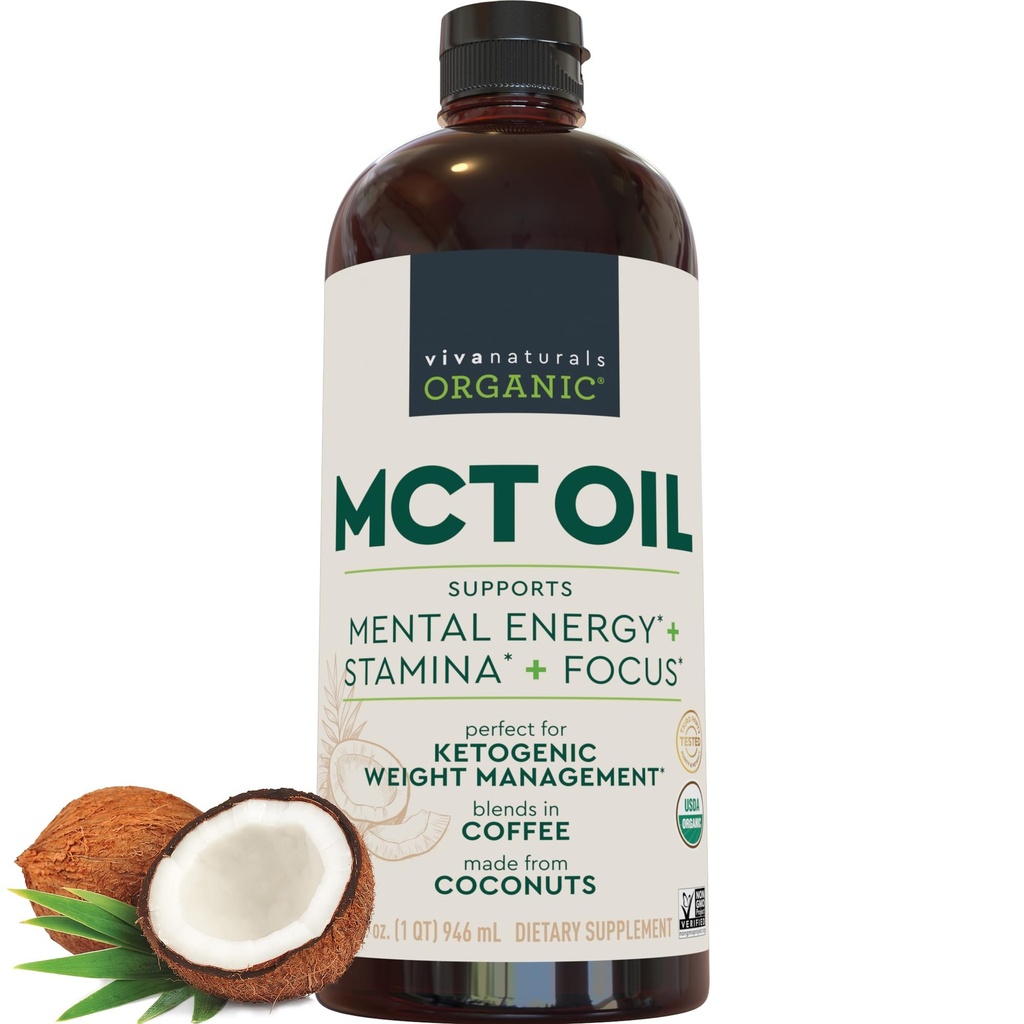 Viva Naturals Organic MCT Huile, 32 fl oz – MCT huile pour café, USDA biologique, non-OGM, Paleo certifié et Keto amical, soutient l'énergie et la clarté mentale