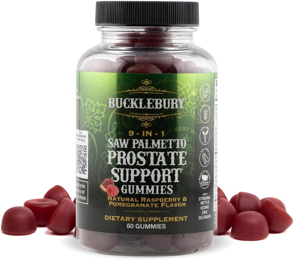 BUCKLEBURY 9-en-1 Sciage naturelle Palmetto Gommies avec framboise et parfum de grenade - Suppléments de soutien à la prostate à base de plantes pour hommes Bladder santé, croissance des cheveux et soutien urinaire - 60 Gommies