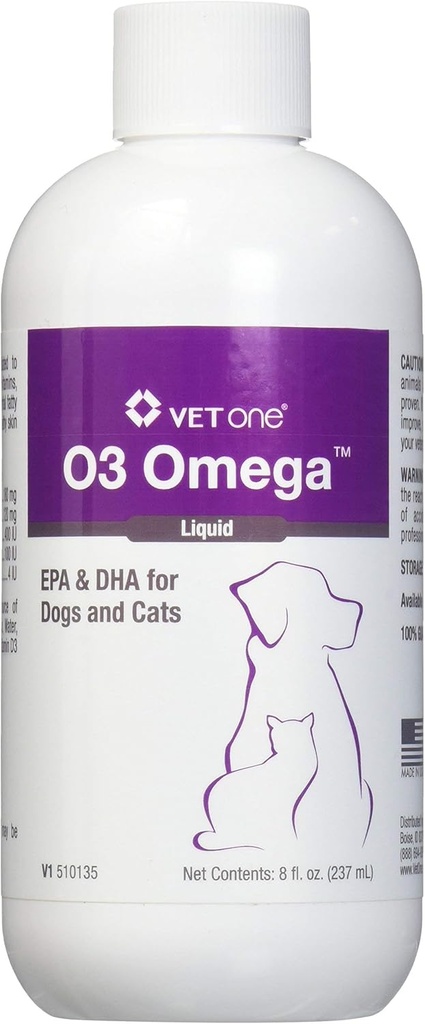 Vet One O3 Omega Liquid EPA & DHA pour chiens et chats - Supplément de peau et de manteau - Supporte le système immunitaire et la santé articulaire - 8 oz