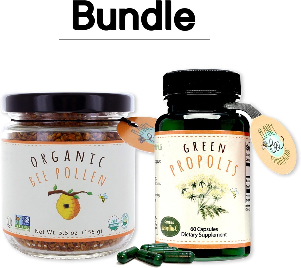 Greenbow Organic Bee Pollen - 100% USDA Certified Organic, Pure, Natural Bee Pollen - Superfood Packed with Proteins, Vitamins & Minerals- 155g Green Propolis 60 caps