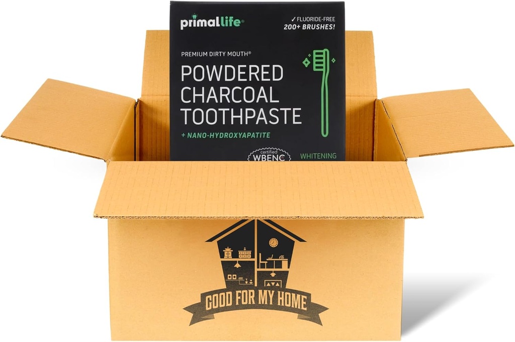 Activated Charcoal Primal Life Organics 1 oz Poudre dentifrice : mélange végétalien biologique, argile Kaolin & Bentonite, huiles essentielles - Spermoint noir pour 200+ Brosses. Boîte GFMH incluse.