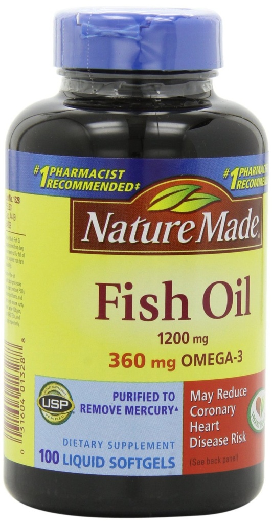 Huile de poisson de nature 1200mg, 360mg Oméga-3 100 Softgels liquides (3 Pack)