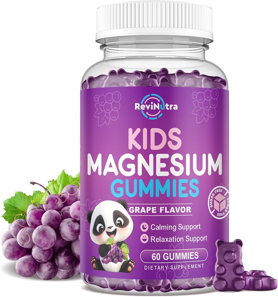 Gommies de magnésium pour enfants, Gommies de magnésium sans sucre, Grande dégustation calme Gommies de magnésium pour adultes et enfants, Soutien Sommeil, Santé des os et des muscles, Relaxation nerveuse, 60 Gommies de raisin