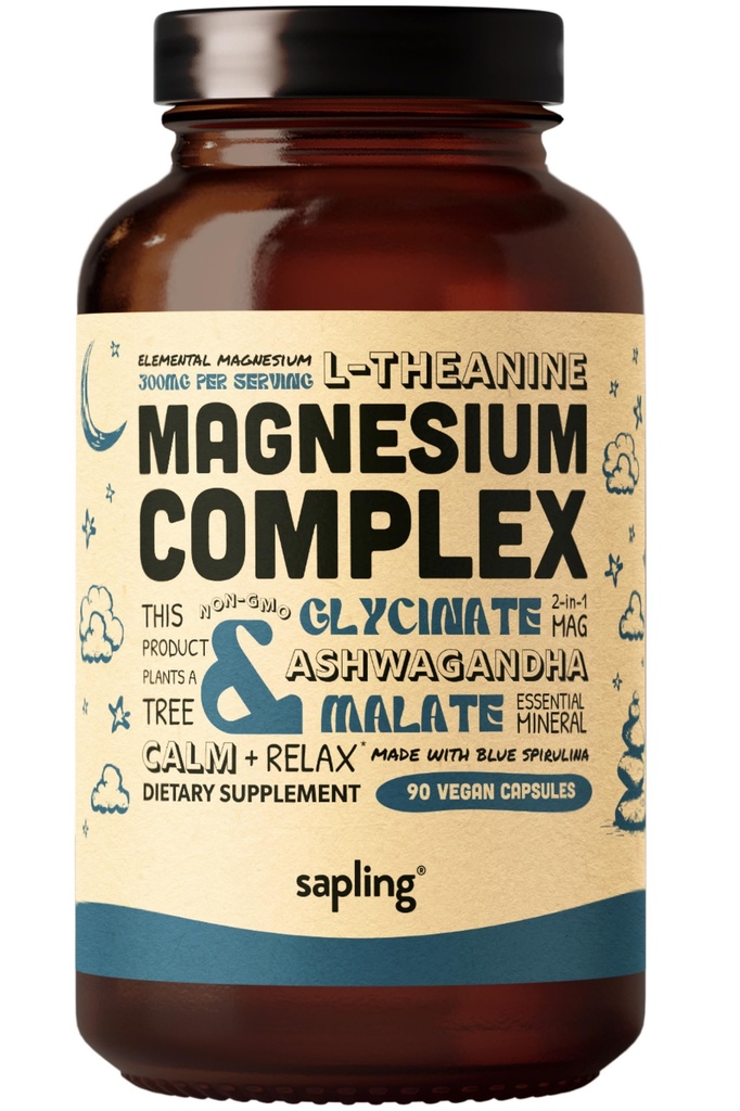 Supplément complexe de glycinate de magnésium - Glycinat de magnésium chélaté avec malate, ashwagandha biologique, L-théanine et spiruline bleue - haute absorption, végétalien, non-OGM, 300mg, 90 capsules de légumes