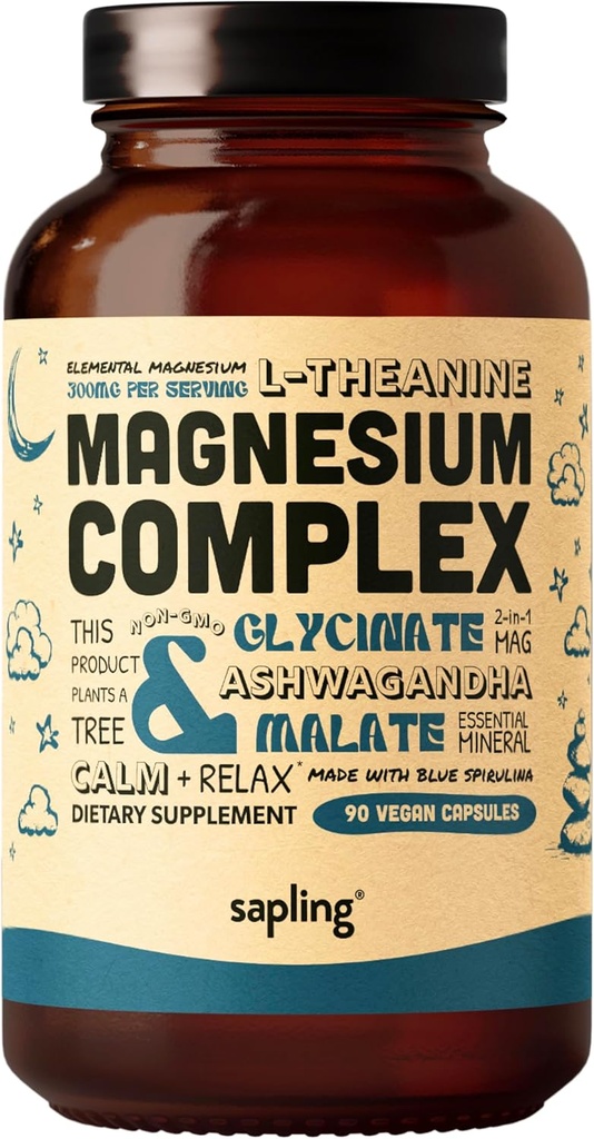 Supplément complexe de glycinate de magnésium - Glycinat de magnésium chélaté avec malate, ashwagandha biologique, L-théanine et spiruline bleue - haute absorption, végétalien, non-OGM, 300mg, 90 capsules de légumes