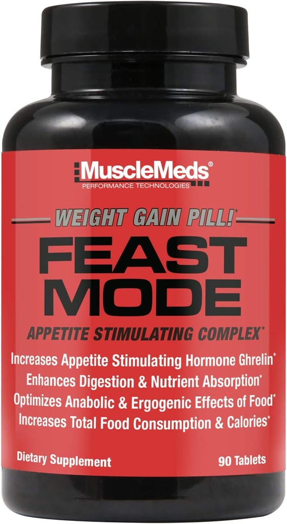 MuscleMeds Feast Mode Appetite Stimulant Weight Gain Pills Digestive Enzymes Safe and Effective 90 Caps, Unflavored, 90 Count