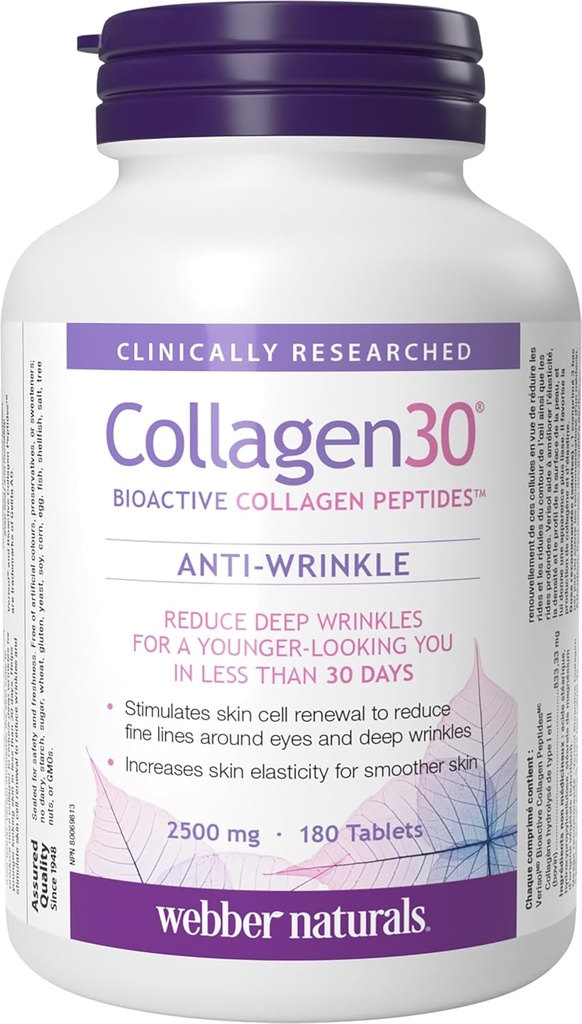 Webber Naturals Collagen30 Anti-rides, 2 500mg de peptides de collagène bioactifs par portion, 180 comprimés, aide à réduire les rides profondes, les lignes fines et stimule les cellules cutanées, non OGM, laitiers et sans gluten