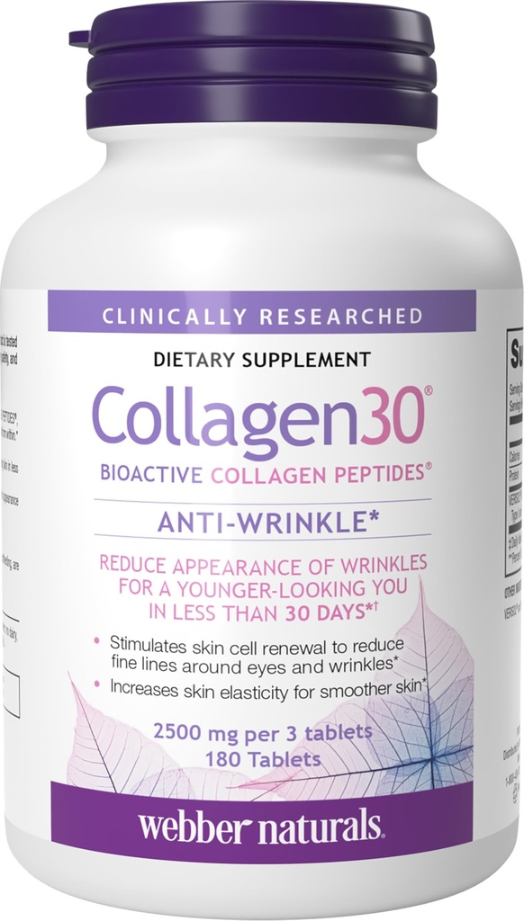 Webber Naturals Collagen30 Anti-rides, 2 500mg de peptides de collagène bioactifs par portion, 180 comprimés, aide à réduire les rides profondes, les lignes fines et stimule les cellules cutanées, non OGM, laitiers et sans gluten