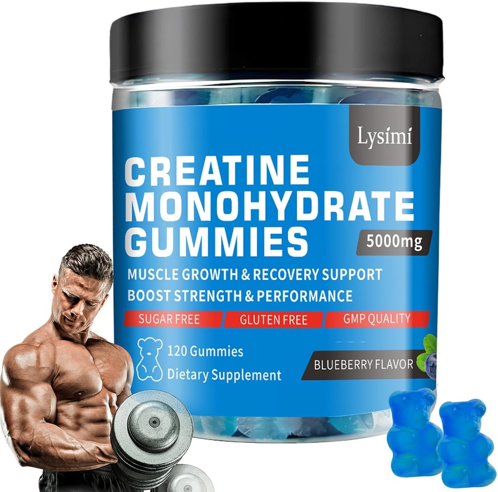 Gommies monohydratées de créatine - 5g de monohydrate de créatine par portion - Augmenter la force et construire des muscles, sans sucre, végétalien, saveur de bleuets, Chaque bouteille/120 capsules, pour les hommes et les femmes (1)