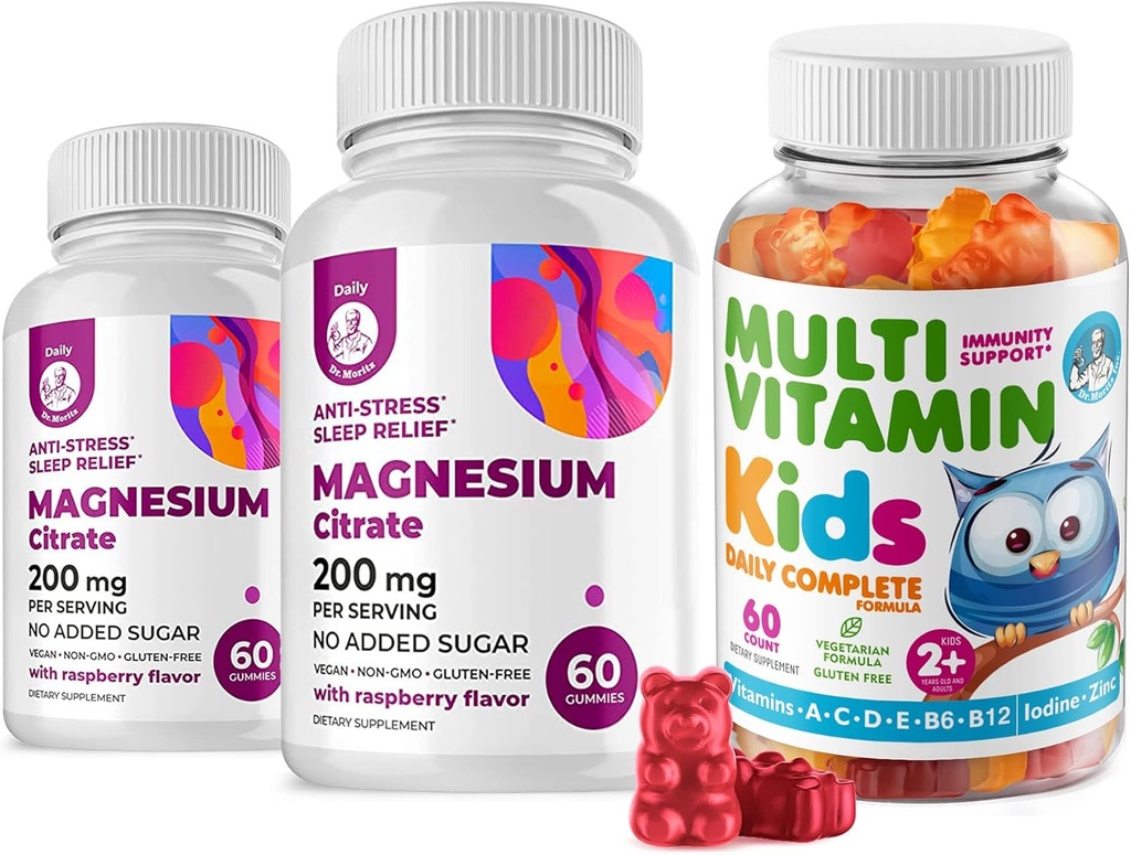 Gummies multivitamines pour enfants 14 vitamines essentielles et gommes de magnésium sans sucre - supplément quotidien Vitamine A,C,D,E Végétarien B6&B12,Zinc,Biotine au magnésium sans sucre