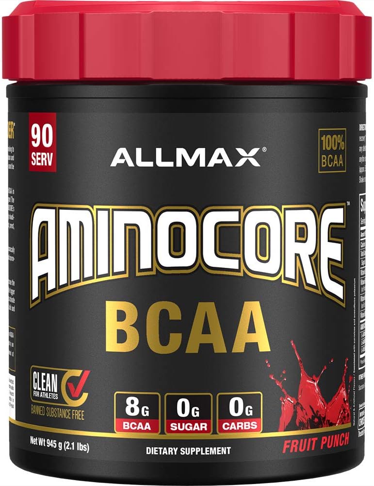 ALLMAX Nutrition AMINOCORE BCAA, Fruit Punch - 945 g Poudre - 8.18 Grams d'acides amin à chaîne ramifiée par portion - avec des vitamines B - Pas de remplissage ou non BCAA Aminos - Sans sucre - 90 portions