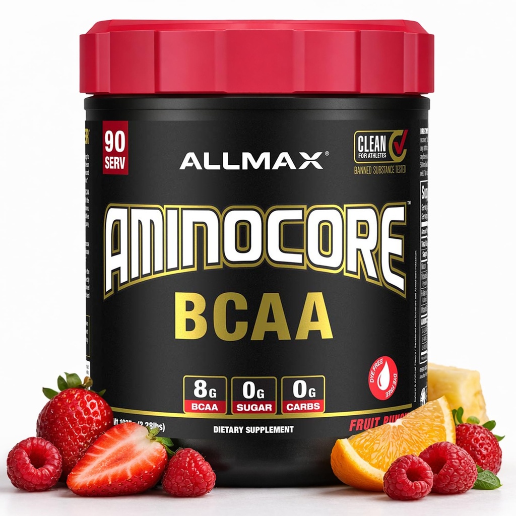 ALLMAX Nutrition AMINOCORE BCAA, Fruit Punch - 945 g Poudre - 8.18 Grams d'acides amin à chaîne ramifiée par portion - avec des vitamines B - Pas de remplissage ou non BCAA Aminos - Sans sucre - 90 portions