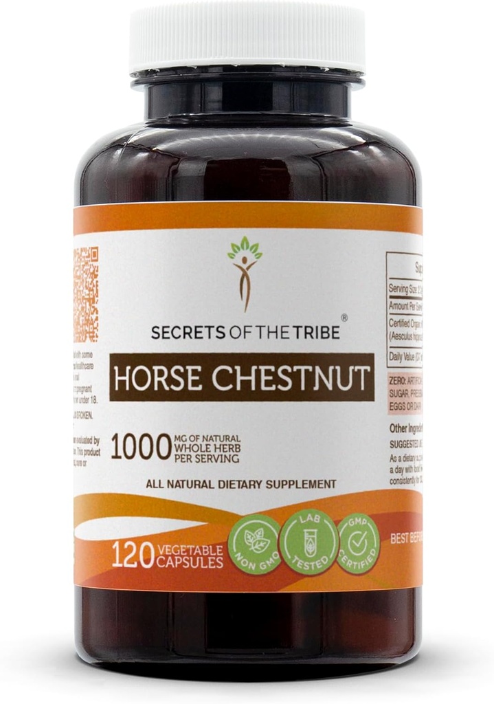 Secrets de la Tribe Horse Chestnut 120 Capsules, 1000 mg, Fabriqué avec la Châtaigne de Cheval Bio (Aesculus hippocastanum) Noix séchée (120 Capsules)