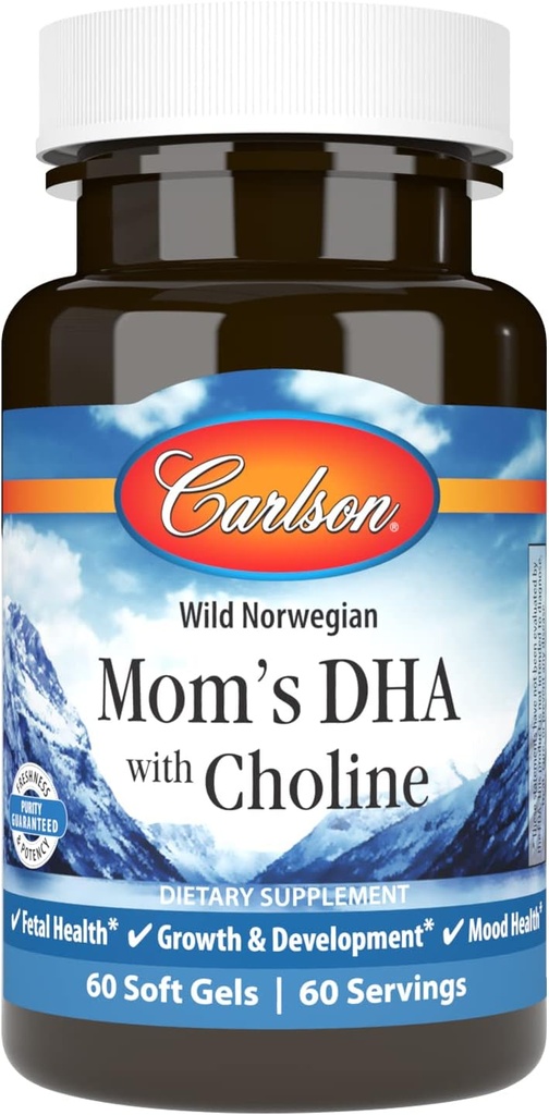 Carlson - DHA de maman avec Choline, rapport DHA 3:1 à EPA trouvé dans le lait maternel, croissance et développement, 60 Softgels