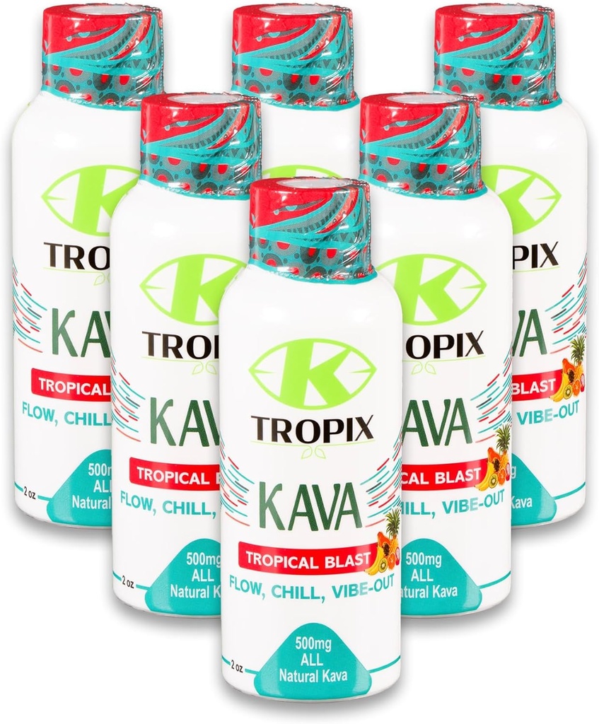 K-Tropix Kava Shot Tropical Blast - 500mg Wellness Shots pour promouvoir la détente et réduire l'inquiétude - Kava boisson - Worry, tension, supplément de soulagement de la souche - 6 Pack