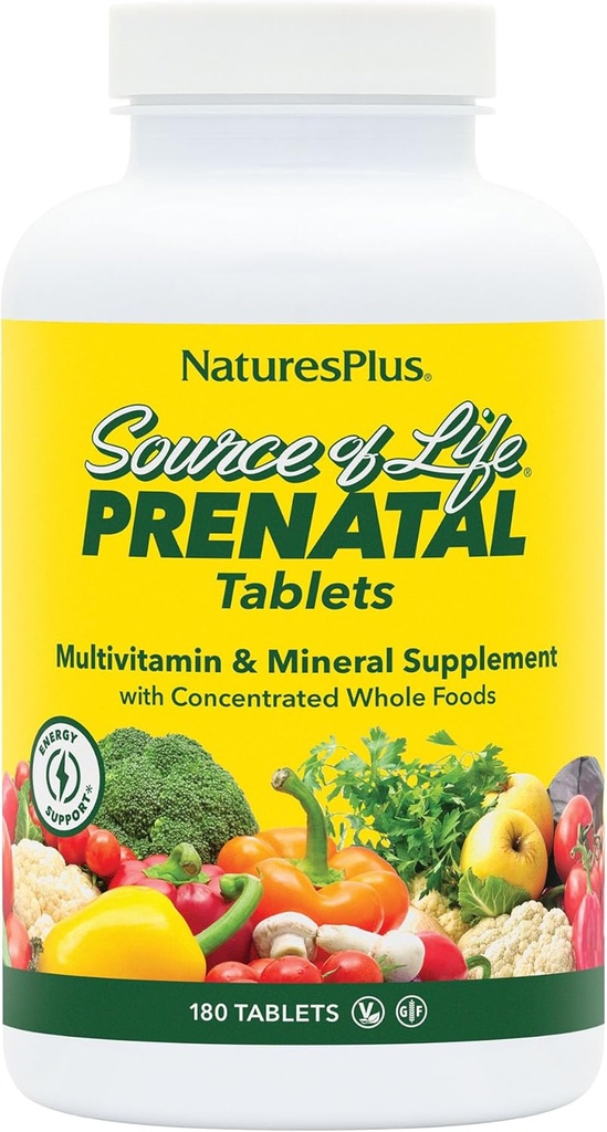 Natures Plus Source de vie Prénatale - 800 mcg Folate, 180 comprimés végétariens - Tous les vitamines et minéraux prénatals naturels avec fer et calcium - Santé et énergie optimales - Sans gluten - 90 portions