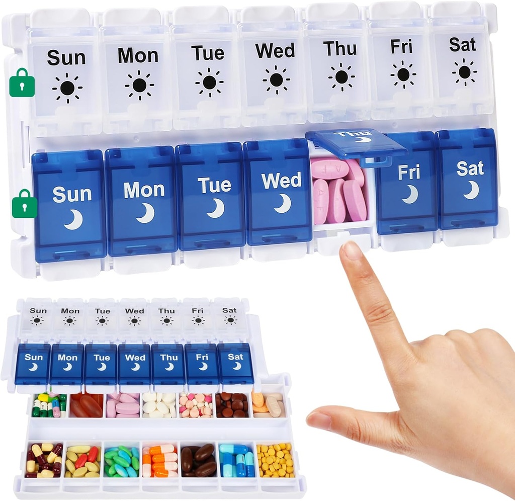 Shintop Weekly Pill Organizer 2 fois par jour, remplissage facile Am Pm Pill Box 7 Day Push Button Medicine Holder Daily for Vitamines Supplements (Blue & White)