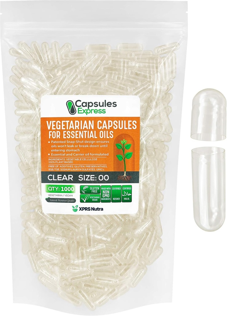 XPRS Nutra Taille 00 Capsules Vegan vides - 1 000 Capsules Végétiques claires pour la plupart des huiles essentielles - pilules végétales vides - remplissage d'huile de bricolage