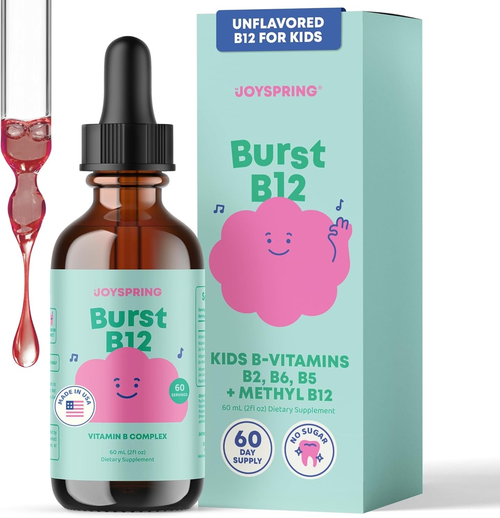 JoySpring Burst B12 gouttes - Complexe vitamine B pour les enfants (2 fl oz) B2, B6, B5 + méthylcobalamine B12 Supplément pour les enfants pour soutenir la croissance et le développement en santé, Vegan B12, 2-16 ans et plus