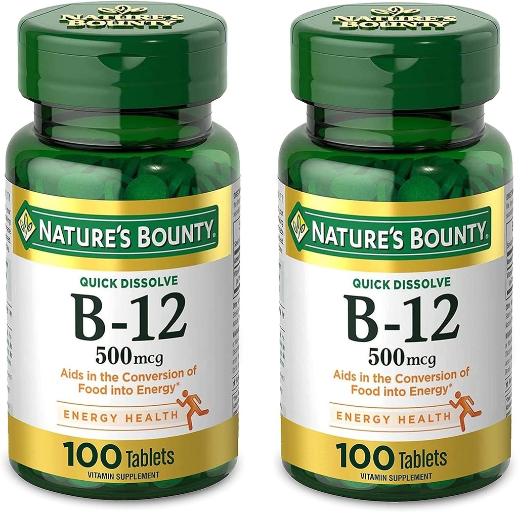Nature's Bounty Vitamine B12, soutient le métabolisme de l'énergie et la santé du système nerveux, 500mcg, comprimés, 100 Ct (paquet de 2)