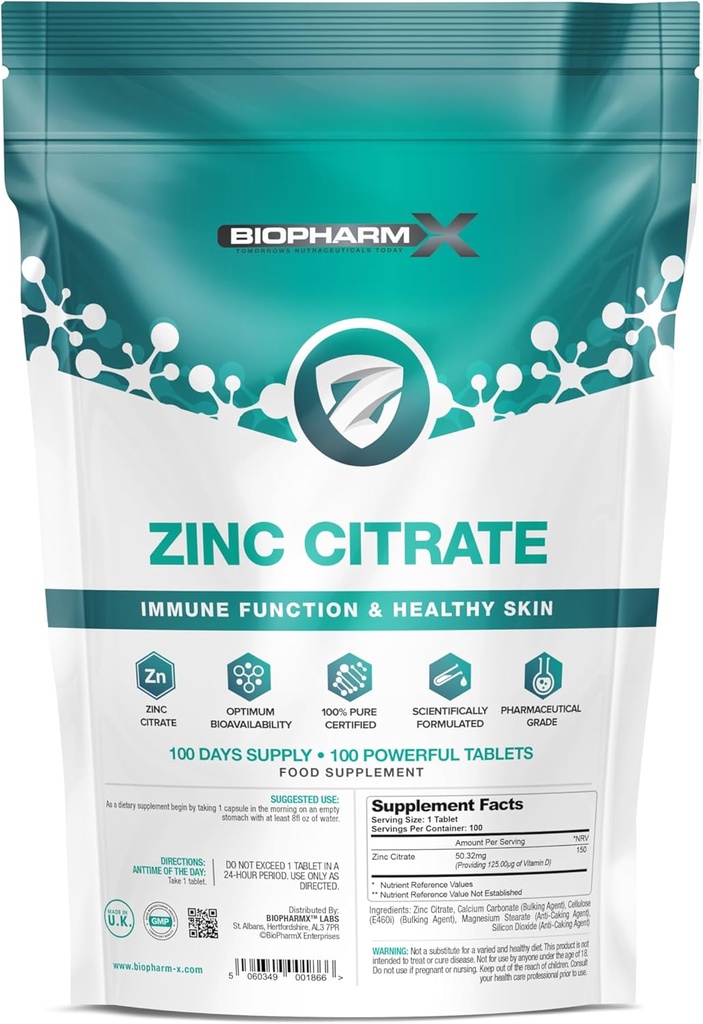 Citrate de zinc (100 % certifié pur/résistance maximale 50mg comprimés x 100 (1 par jour)