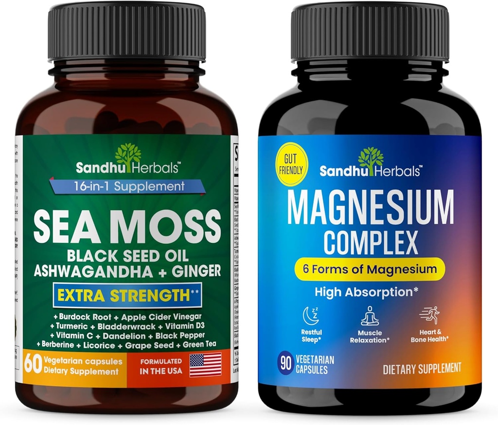 SANDHUHERBALS Sandhu Herbals Sea Moss & Magnésium 6 en 1 Supplément complexe Combo.