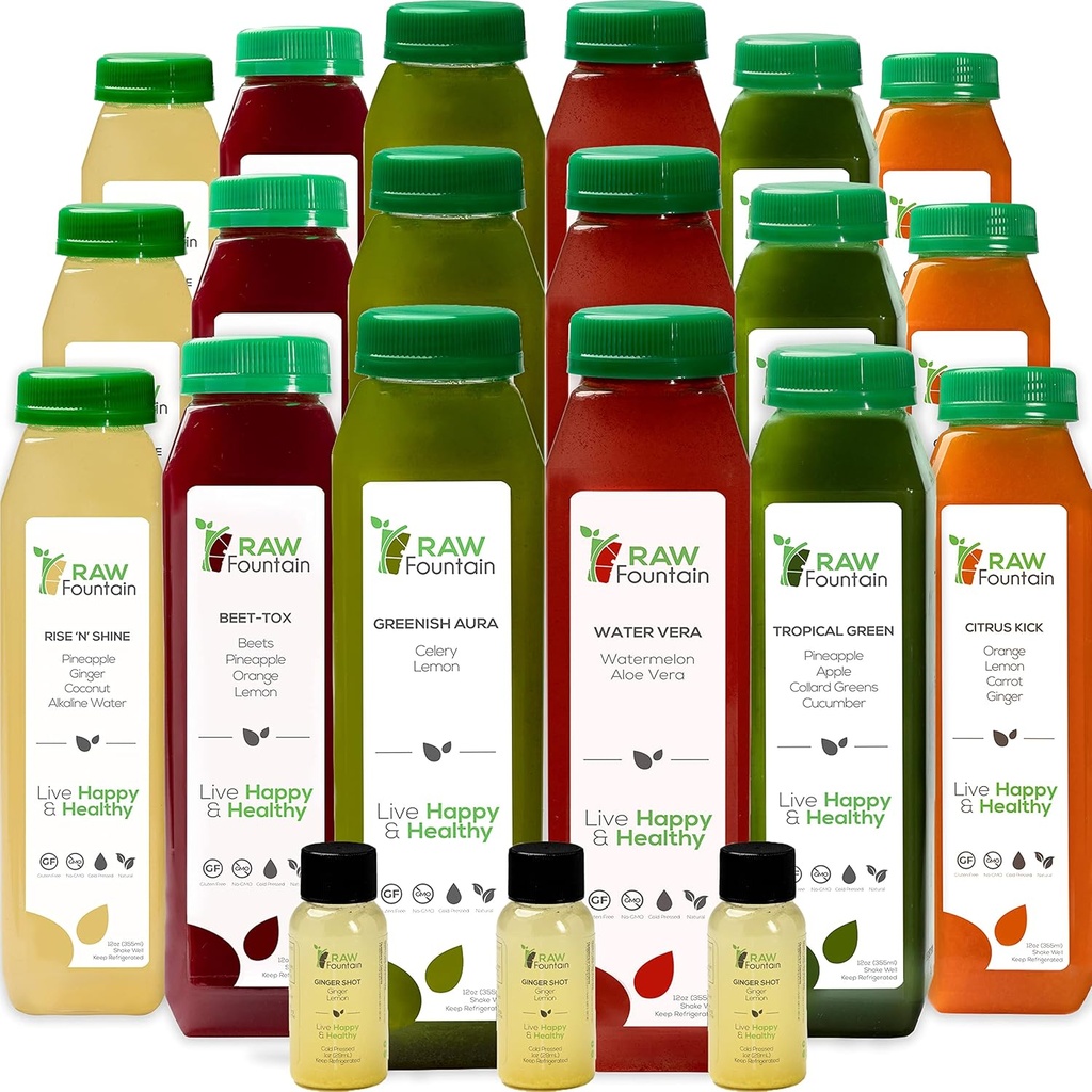 5 Jour de nettoyage de jus par fontaine crue, saveurs tropicales, tous naturels crus, jus de fruits et légumes pressés à froid, nettoyage de détox, 30 bouteilles 12oz, 5 Bonus Ginger Shops