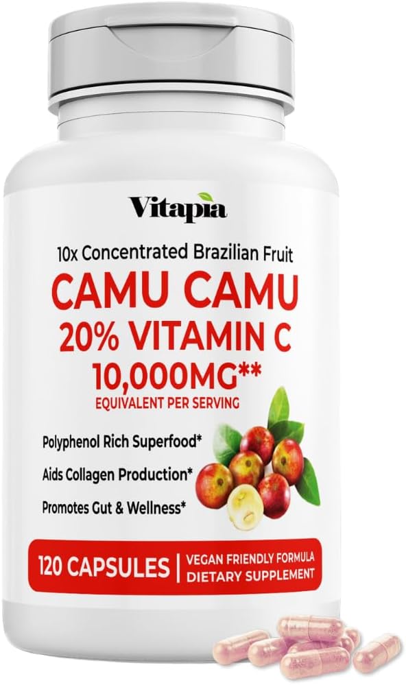Camu Camu Organique Extrait de 20 % de capsules de vitamine C - Imune, Collagène, Soutien au métabolisme - 120 capsules de légumes - Non OGM, Sans gluten, Supplément végétalien