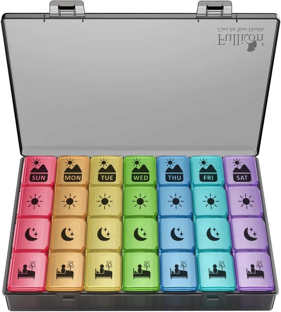 Extra Large Weekly Pill Organizer 4 fois par jour, Fullicon XXL Large Pill Box, 7 Day Medicine Organizer, Black Pill case for Vitamine/Pish Oil/Supplements