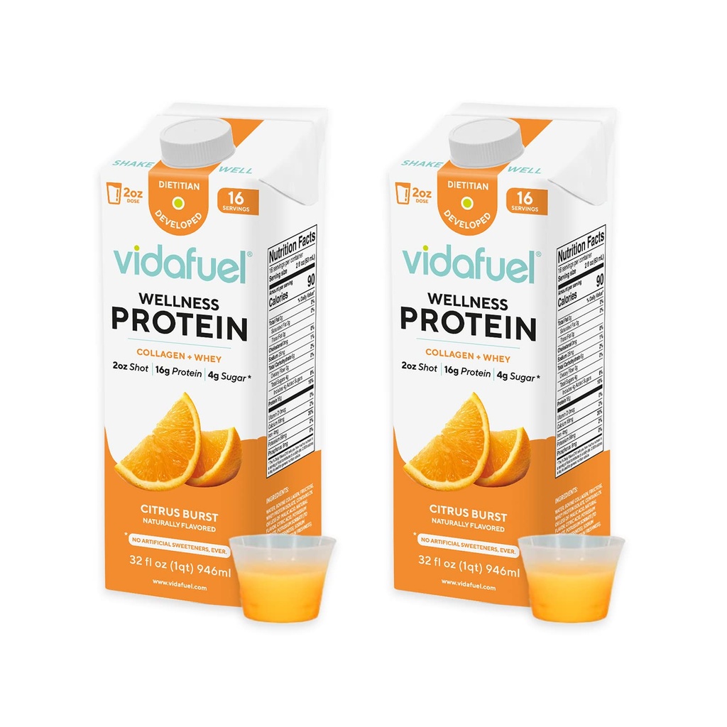 Vidafuel Protéines Boissons, 16g Protéines par 2oz Shot, 32 fl oz Carton, 2 Pack, Citrus, Collagène et Whey Boissons, Pas d'édulcorants artificiels