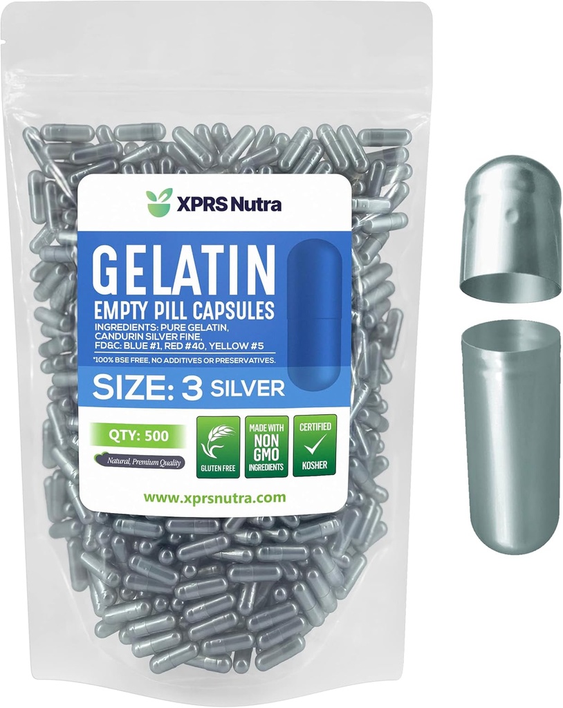 XPRS Nutra Taille 3 Capsules vides - 500 Compte Capsules de gélatine vides - Pills Bricolage Capsule Remplissage - Pure Pilule de Pilule de Bovine Capsules rempliss pour Do-It-Youlf Vitamines et Suppléments (Argent)