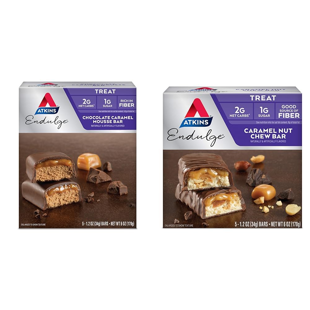 Atkins Endulge Chocolat Caramel Mousse Bar 5 Compte et noix de caramel Chew Bar 5 Compte Bundle
