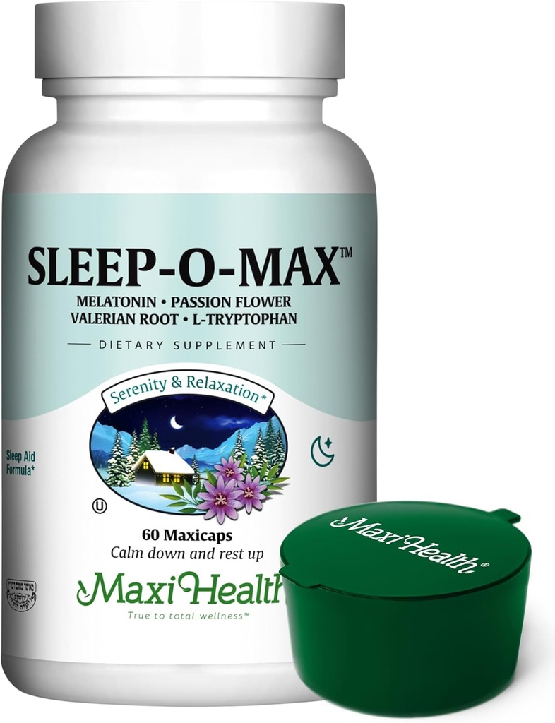 Maxi Santé Supplément de sommeil naturel Herbal Sleep-O-Max avec racine valériane, Melatonine, Tryptophane, Passionflower - Formule de soutien au sommeil calme pour les adultes avec Pillbox vert