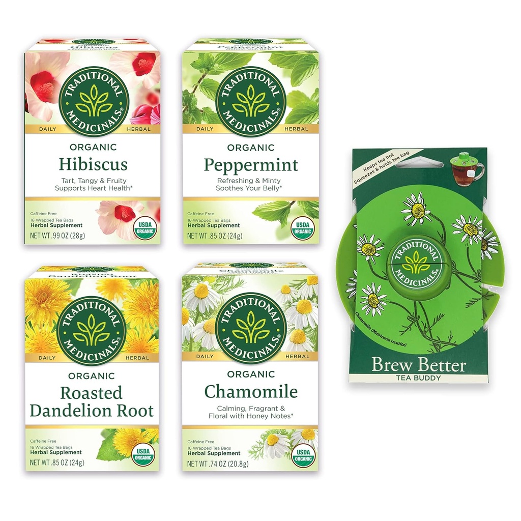Médicament traditionnel, lot de variétés biologiques pour le bien-être dans quatre saveurs apaisantes, comprend la menthe poivrée, la camomille, l'hibiscus, la racine de dandelion grillée, la bouillie de thé, 64 sachets de thé, (4 pack)
