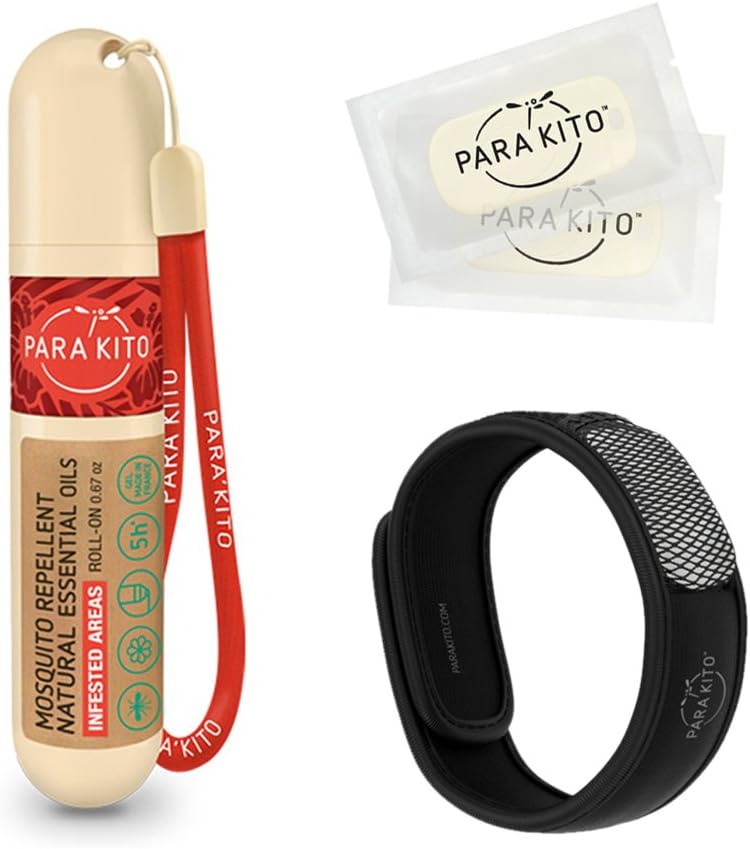 PARA'KITO Musquito Repellent Bundle, 1 Bracelet Mosquito Repellent, 1 Gel Roll-on, Bracelets anti-bugues, Dispositifs anti-moustiques, Noir
